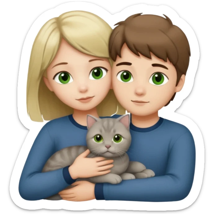 Blonde green eyed girl and brown Hair green eyed boy in love hugging a grey scottish fold cat sticker