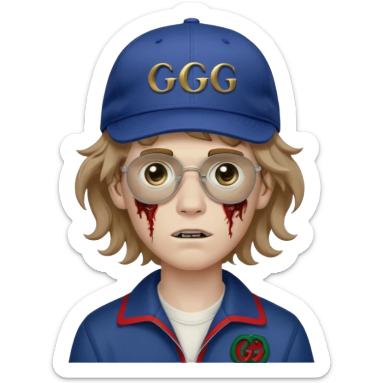Faça um menino pálido, parecendo um Zumbi, faça esse menino com o cabelo ondulado e meio loiro, faça ele usando um boné escrito Gucci, com uma fonte pequena, e faça umas artes de Gg  sticker