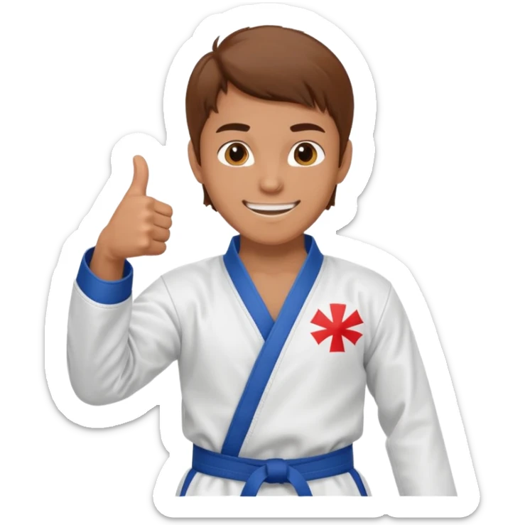 Crea un personaje masculino con el uniforme de taekwondo que tenga efecto dibujito y esté realizando este gesto con la mano👍🏼, debe estar sonriente sticker