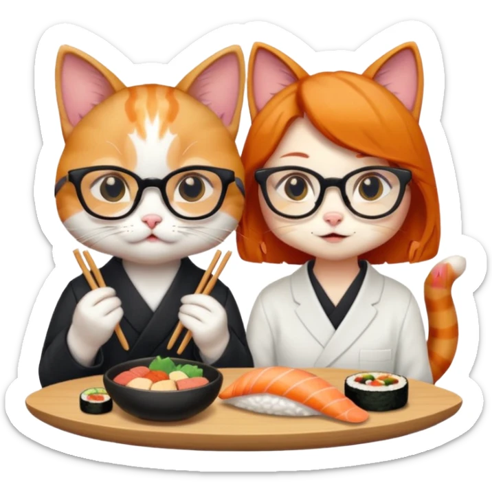 cute girl cat wearing glasses and a cute boy cat eating sushi together sticker