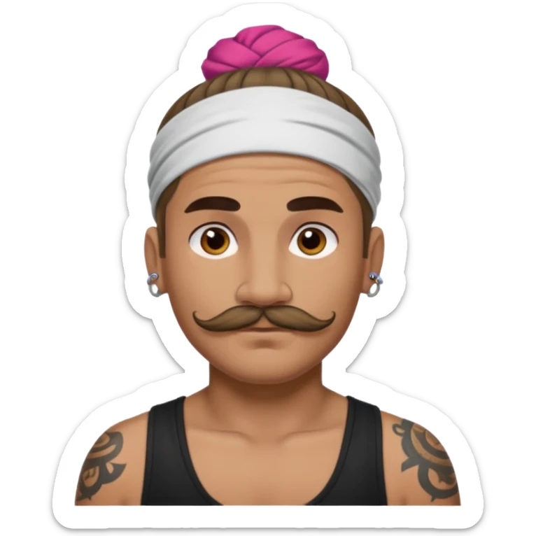 single bun hair man and mustache and face tattoos very heavy and headband sticker