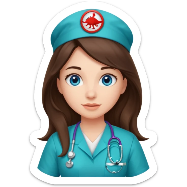 pretty brunette nurse with long hair and blue eyes in dinosaur scrubs sticker