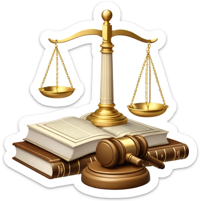 An icon featuring scales of justice, a gavel, and a legal book, symbolizing the study of law. The design includes courthouse pillars in the background, representing authority and legal systems. Transparent background highlights the principles of justice, order, and legal education. sticker