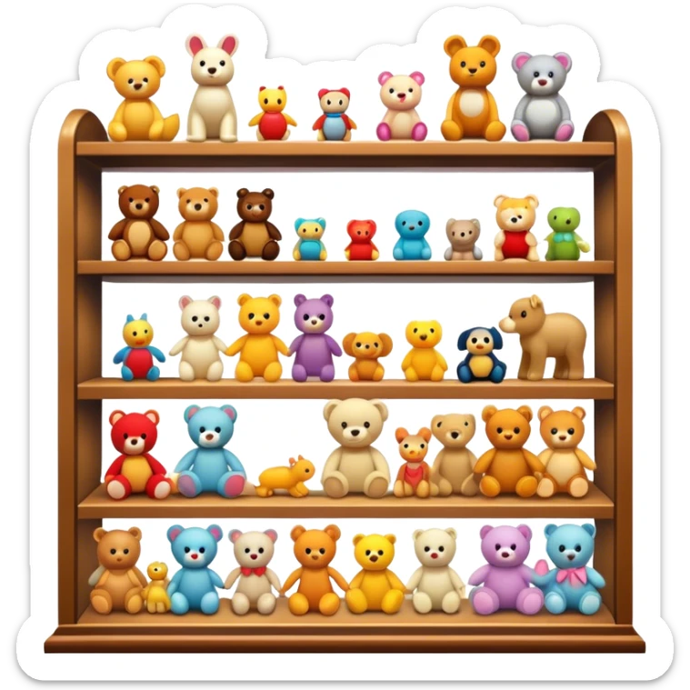 Icon for Toy Collecting: a collection of various vintage toys such as dolls, action figures and plush animals, displayed neatly on shelves or in display cases. The icon should evoke the joy and nostalgia of collecting toys. Transparent background. sticker
