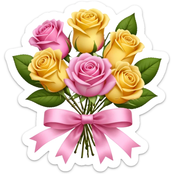 A bouquet of flowers, composed of pink and yellow roses, four blooms in total, tied with ribbon. sticker