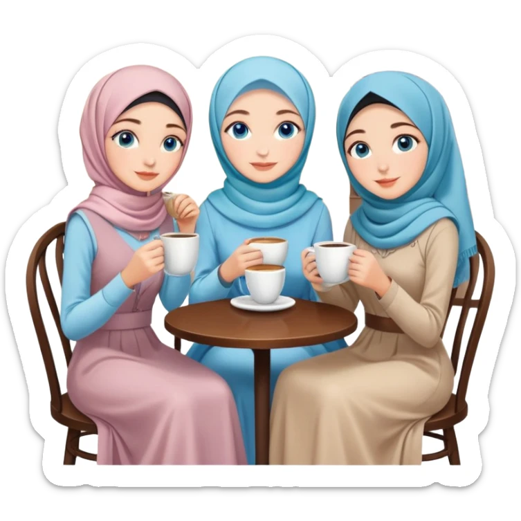 Turkish beautiful finish Konya girls blue eyes with pastel hijab long tail dress and the two friends in a coffeehouse sits on the chair on the ground and holds cup coffe with her hand  sticker