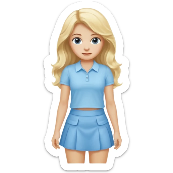 blonde woman with long wavy hair wearing baby blue mini skirt and baby blue shirt sticker