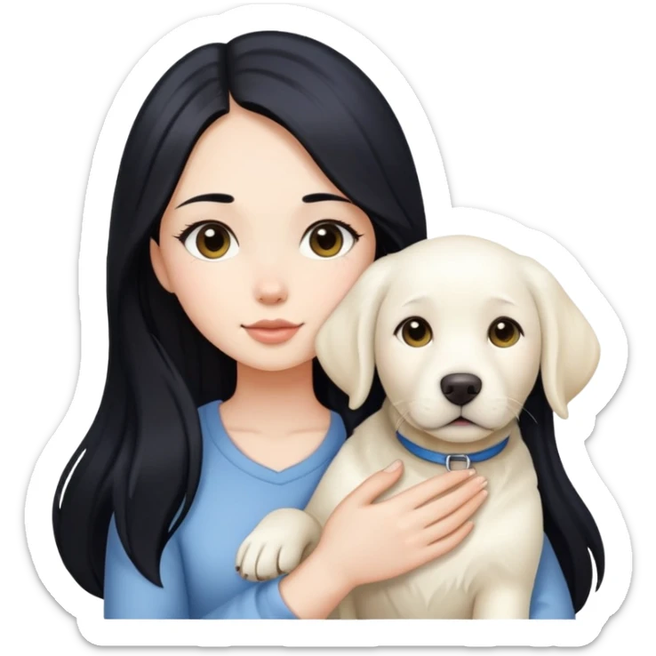 A beautiful girl with long black hair and fair skin is holding a white Labrador sticker