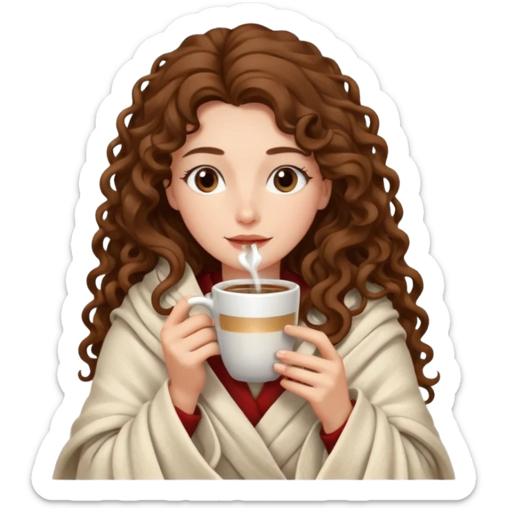 Gözleri kapalı, beyaz tenli ve uzun kıvırcık saçlı bir kadın avatar, battaniyeye sarılmış halde beyaz bir Türk kahvesi fincanından içeceğini huzurla yudumluyor. sticker