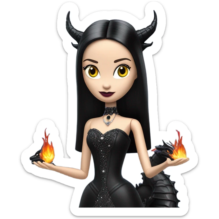 Victorian evening dressed, Teen Morticia Addams Barbie Jedi wearing a mini tiara, riding on the back of a very large black shiny evil-looking fire-spewing horned dragon sticker