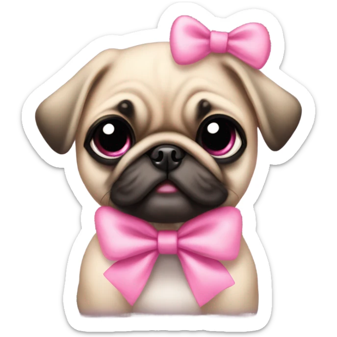 Baby pug with big pink
eyes wearing a pink bow on her head sitting in daisy's  sticker