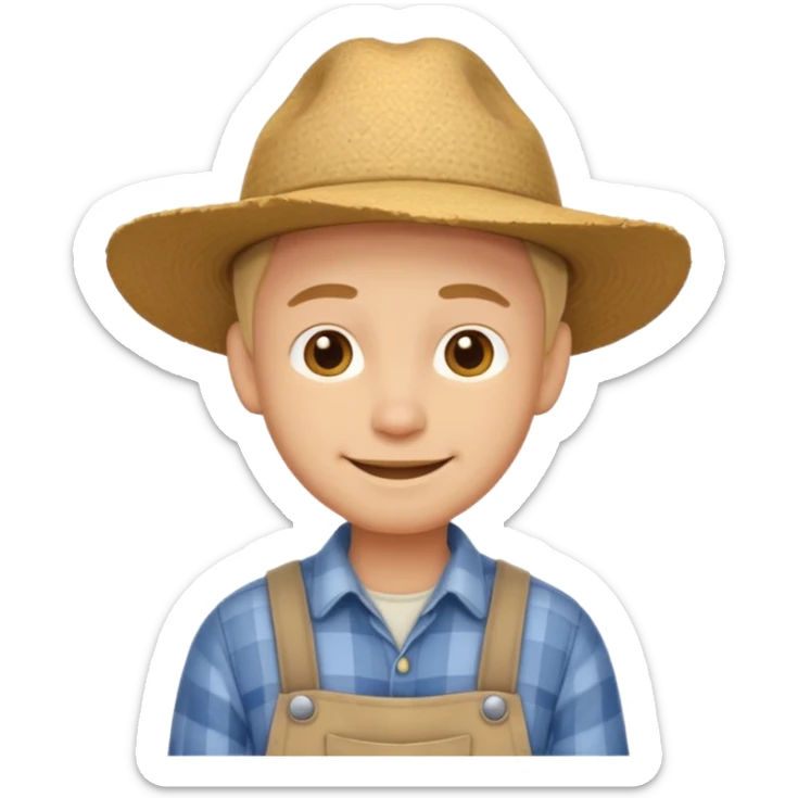 A calm, friendly male cartoon character with light skin, simple farm clothes, warm smile, stylized as a cute, readable emoji icon with soft earthy color sticker