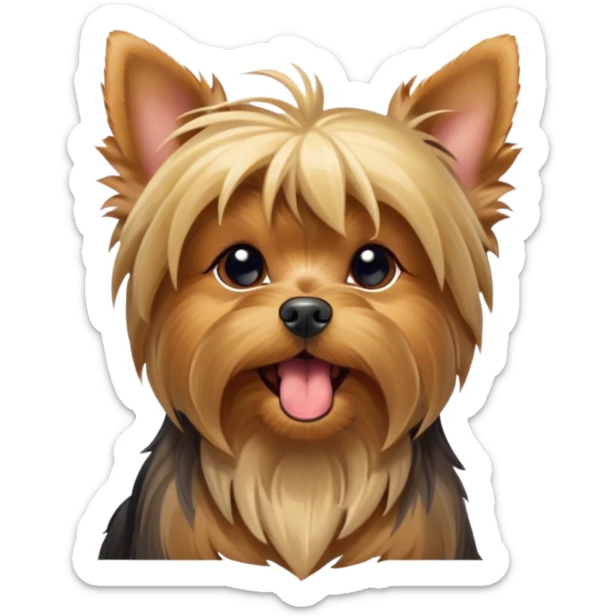 Cinematic Cute Yawning Yorkshire Terrier Portrait Emoji, Head tilted with a playful, drowsy expression and droopy, adorable eyes, featuring a soft, well-groomed fur in rich hues, simplified yet irresistibly endearing, highly detailed, glowing with a warm, cozy radiance, high shine, exuding a relaxed yet spunky charm, styled with a gentle, soft glowing outline, capturing the essence of a Yorkshire Terrier mid-yawn that seems as if it could cuddle right off the screen! sticker