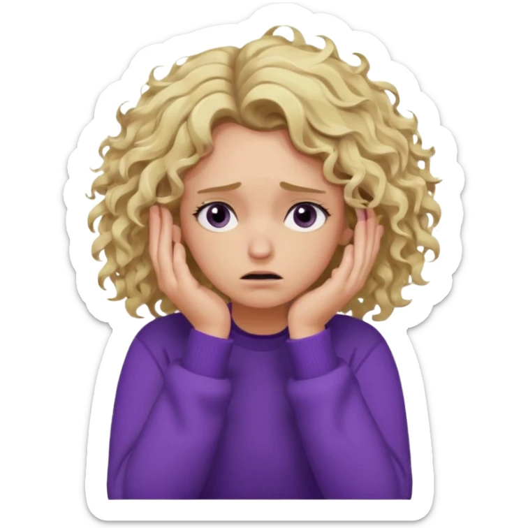 Emoji-style illustration of a frustrated young woman, messy curly tousled blonde hair, wearing a purple sweater, holding her face in her hands, expressing annoyance and disappointment, cartoonish, expressive, simple lines, flat colors, clear silhouette,  sticker