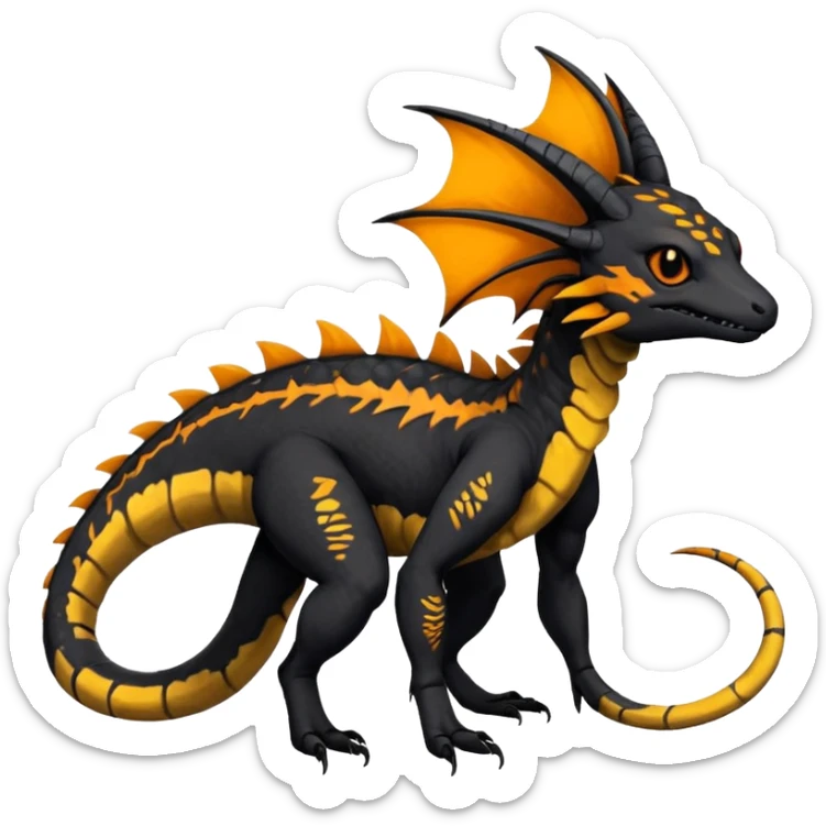 Rare realistic exotic edgy dark gothic gloomy spooky black and orange/yellow epic pretty beautiful handsome gorgeous aesthetic colorful vibrant Vernid-Trico-species-Fakemon-Salandit-hybrid-creature by LiLaiRa, 4 legs, 1 tail, random markings, (full body) sticker
