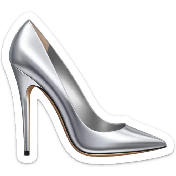 A pair of high heel shoes emoji made of polished silver chrome, elegant sharp silhouette, smooth metallic surface, glossy reflections, luxury sexy vibe, minimalistic iOS emoji style, centered, clean white background sticker