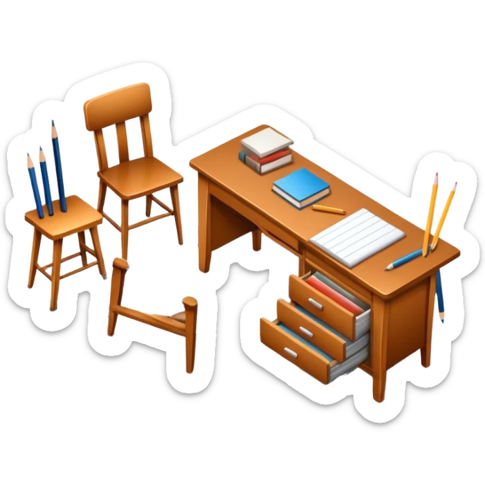 Icon for Furniture Design: a furniture drawing with 3D models of furniture pieces placed on top, accompanied by rulers and a pencil. The icon should represent the design process with focus on precision and modeling. Transparent background. sticker