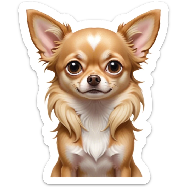 Cinematic Meme-Worthy Grumpy Long Haired Fawn Chihuahua Portrait Emoji, Head held high but eyes filled with dramatic disappointment, smooth long fawn hair cascading elegantly, deeply furrowed brow forming an unmistakable scowl, floppy ears slightly angled back in disapproval, piercing dark eyes glaring with pure exasperation, Simplified yet hilariously over-exaggerated features, highly detailed, glowing with an aura of supreme annoyance, high shine, exhausted yet judgmental, stylized with an almost regal pettiness, bright but brooding, soft glowing outline, capturing the essence of a companion that has seen it all and is thoroughly unimpressed, so meme-worthy it feels like it could instantly become the next viral sensation of grumpiness! sticker