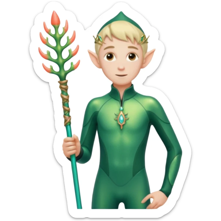 male elf in iridescent wetsuit, coral staff. Gills on neck sticker