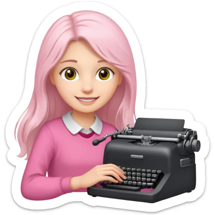smiling white long brunette hair girl with hazel eyes wearing pink typing on a typewriter sticker
