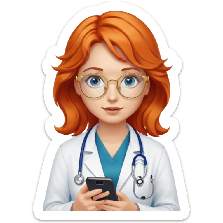 Girl doctor wavy orange red hair blue eyes in gold glasses and phone  sticker