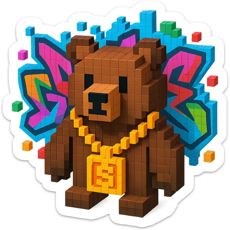 Russian grizzly bear with a rapper chain, with a graffiti background sticker