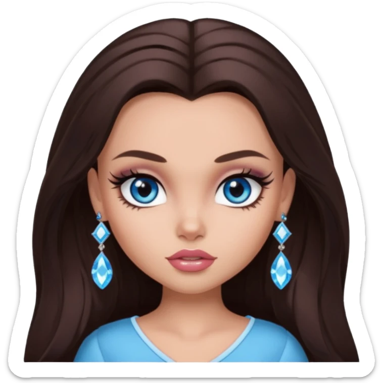 pretty bratz baddie,, pretty crystal blue eyes long darkbrown hair, pretty makeup, long lashes, NO EARRING sticker