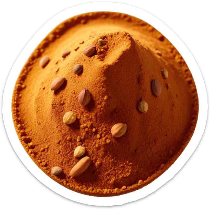 pinch of Ras el Hanout powder, warm earthy palette, fine grainy texture, visible spice specks, dry aromatic, clean 3D rendered, no faces sticker