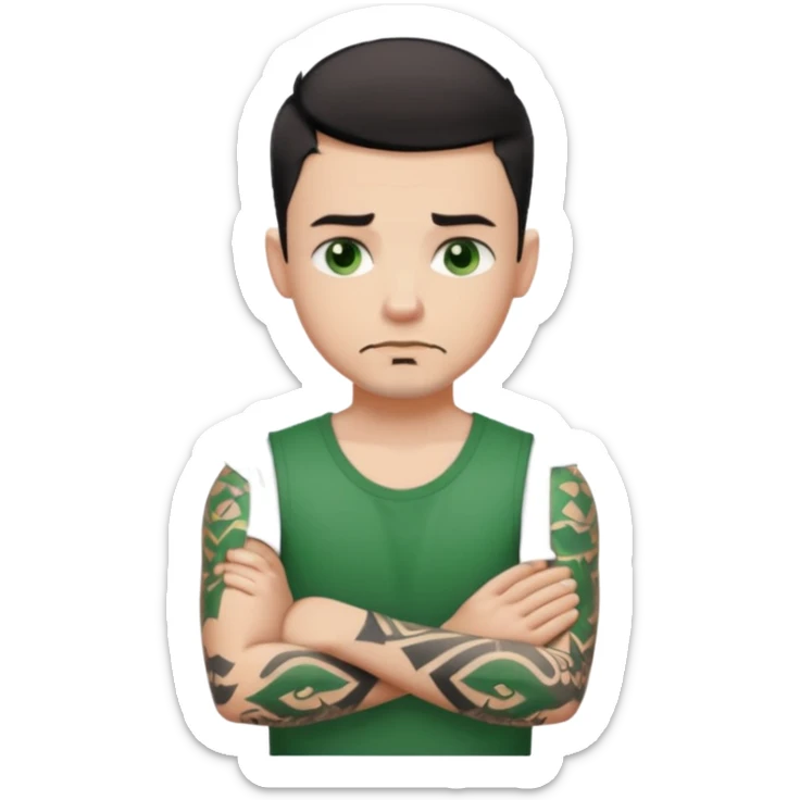 White young man with short black taper fade hair cut and slight goatee and neutral expression with his arms folded. Green eyes and arm tattoos sticker