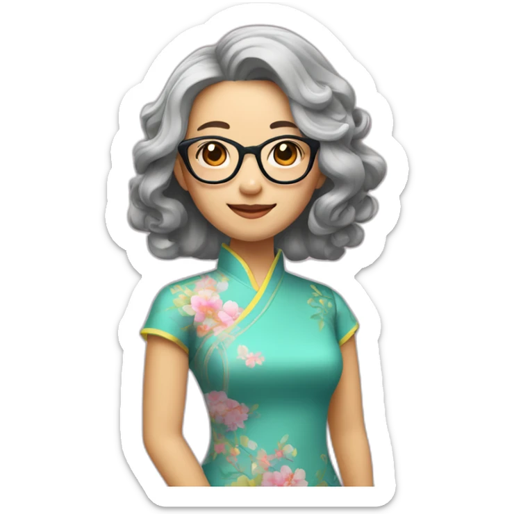 Chinese lady with like Lai gray hair wavy hair to the shoulder length where Chinese dress colourful dress wear glasses sticker