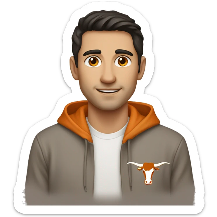 Man with dark hair, pale skin, orange Texas Longhorns hoodie sticker