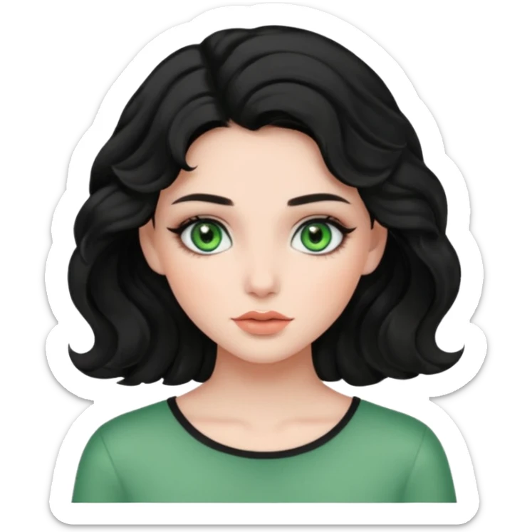 a girl with green eyes, black wavy hair, clean girl makeup sticker