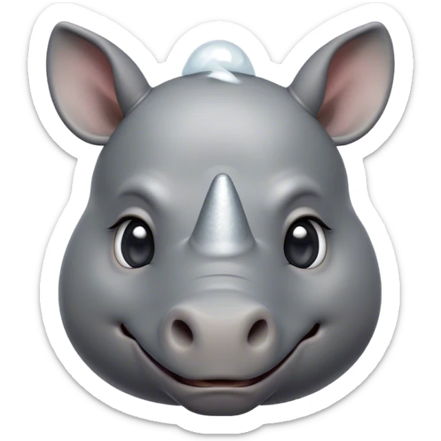Cinematic Cute Rhinoceros Portrait Emoji, Head tilted playfully and inquisitively, featuring a rugged, glossy slate-gray hide with a gentle, rounded white horn and round, sparkling eyes filled with curious wonder, Simplified yet irresistibly adorable features, highly detailed, glowing with a warm, friendly glow, high shine, affectionate and mighty, stylized with a touch of ancient charm, bright and endearing, soft glowing outline, capturing the essence of a mischievous yet loving rhinoceros, so playful it feels like it could stomp out of the screen and into your arms! sticker