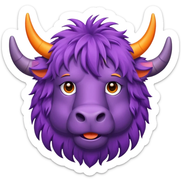 a purple yak Head with pieces of orange paper hanging in his head sticker