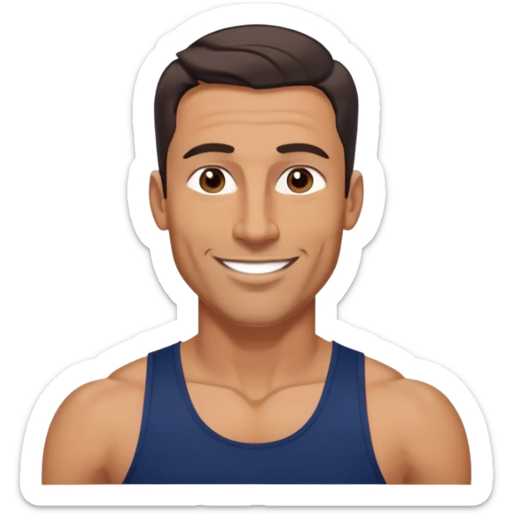 Athletic 40-year-old man with tanned light brown skin. Elongated face with defined jawline. Confident smile. Medium dark eyes, arched eyebrows. Straight nose. Wavy dark hair in a modern cut. Wearing a navy blue tank top showing fit physique. sticker