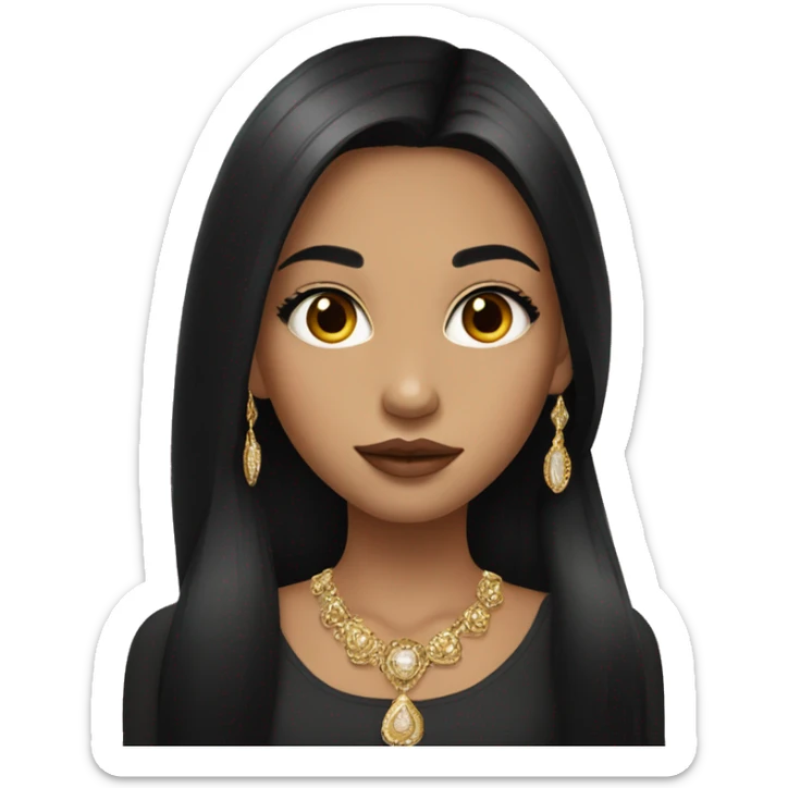 young girl with long black hair,brown eyes,long eyelashes and big lips wearing gold jewellery  sticker