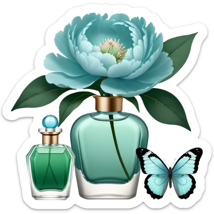 A delicate arrangement of pale blue peonies and a translucent green  butterfly near a deep green color perfume bottle.    sticker