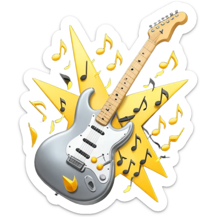 A 3D Apple-style emoji of a bold “ROCK” text written in shiny metallic letters, with an electric guitar leaning on the text, surrounded by small music notes and lightning bolts, energetic and powerful rock music vibe sticker