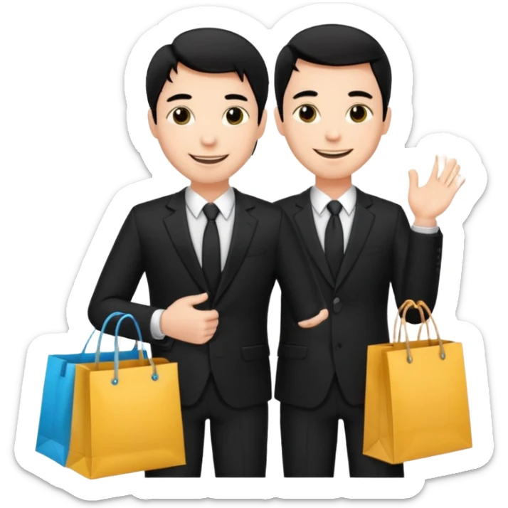 elegant man black hair in a black suit with clothing shopping bag sticker