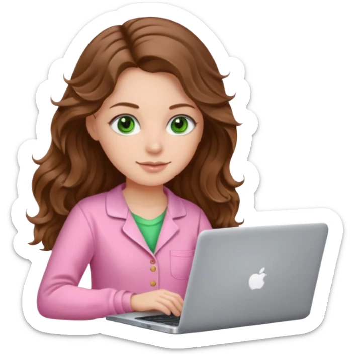 make a picture in ios 18 style of a white girl with brown long wavy hair and green eyes wearing pink pajamas and working on a laptop sticker