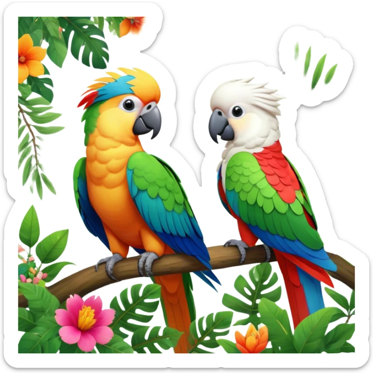 Close-up collage of vibrant Ara parrots and Inca cockatoos sitting on tree branches, surrounded by lush greenery. Bright colors of the birds stand out against a natural, sunny background of trees and flowers. Transparent background. sticker