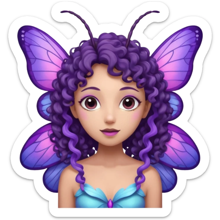 moth fairy with dark curly hair, light purple skin, and moth wings of blue purple and pink. she has moth antenna sticker