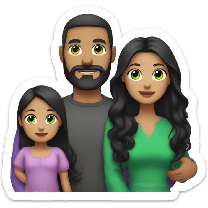 dad with black beard, white skin mom with long straight black hair and green eyes, and baby girl  with black hair purple dresses for everybody sticker