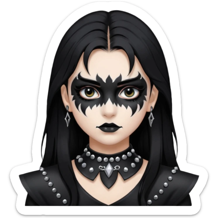 Crea una ragazza con stile black metal,  paint face black metal, capelli neri, mossi dalle spalle e occhi bianchi e un collare con borchie a punta sticker