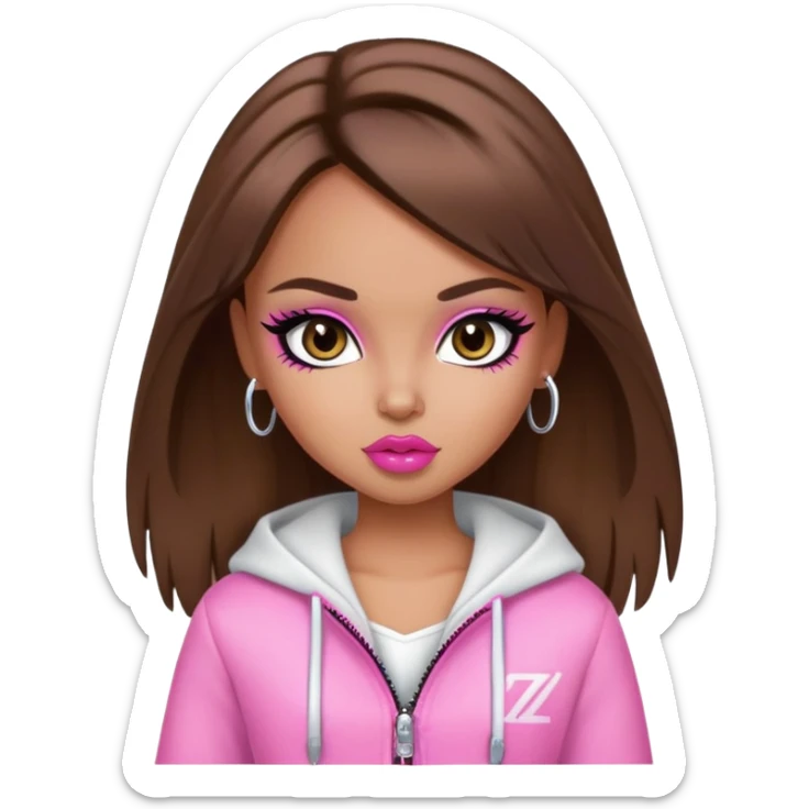 pretty bratz girl, brown hair, dark brown eyes, pink lips, black eyeliner, tan skin, cute y2k clothes sticker