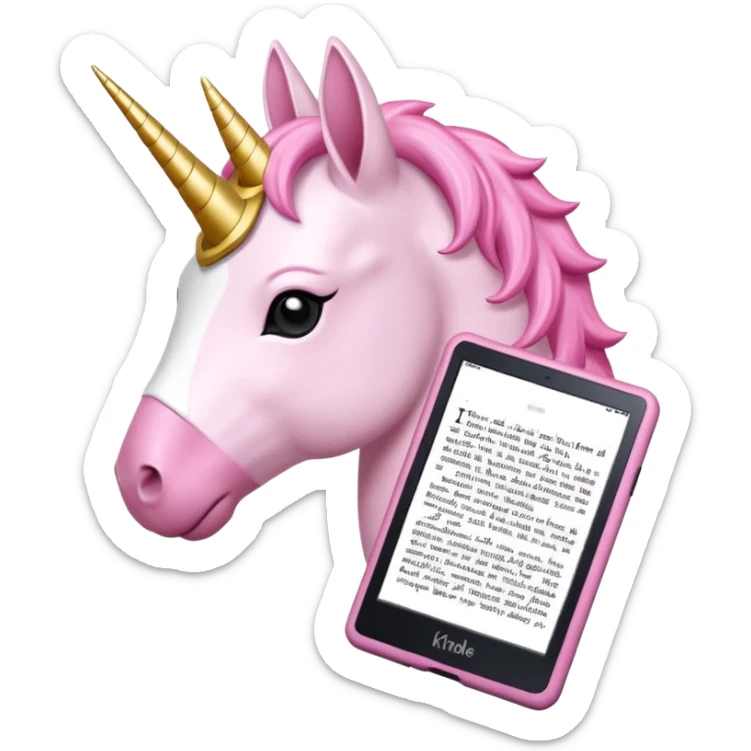 Unicorno bianco con corno rosa brillantato con sulla testa un paio di cuffie e un Amazon Kindle in mano sticker