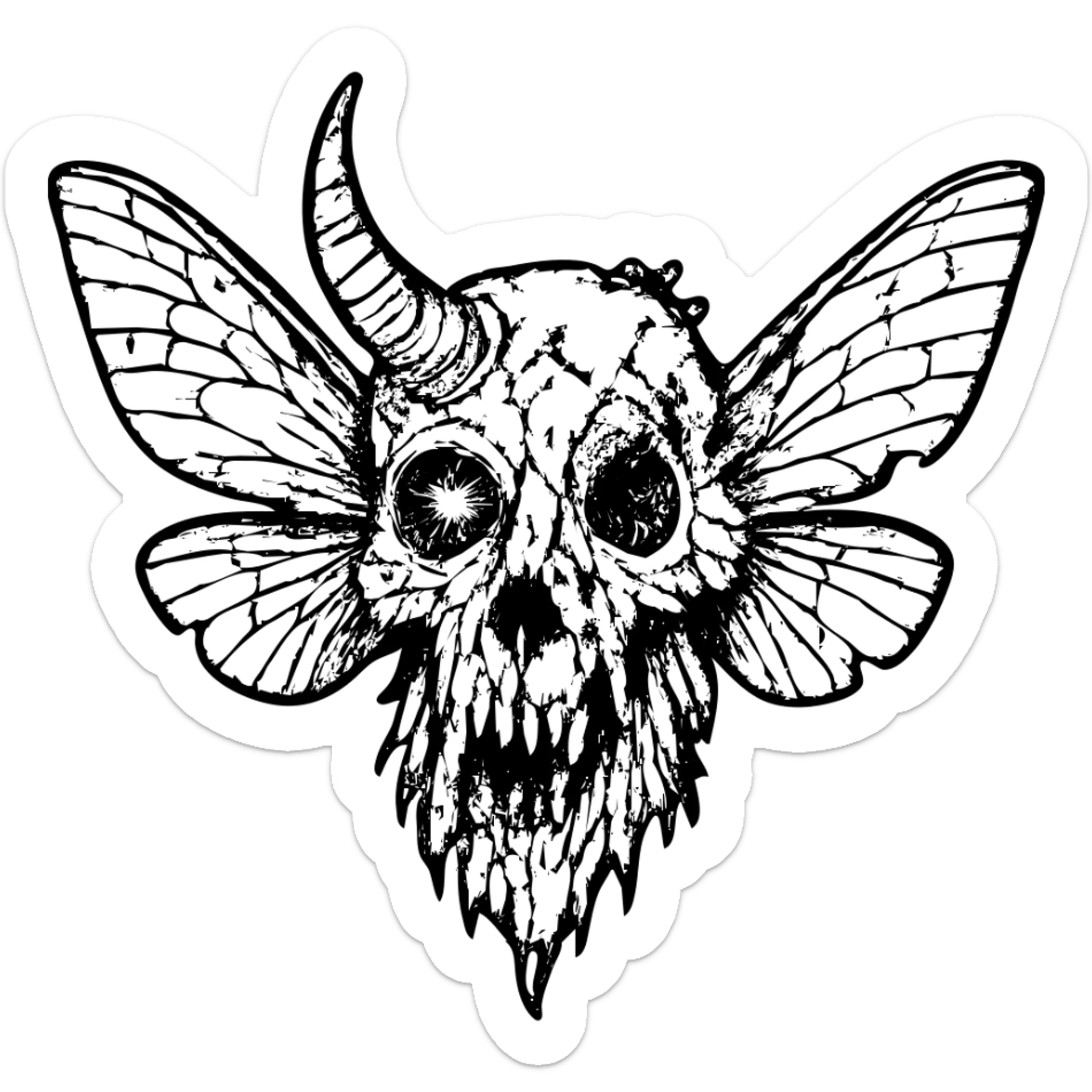 detailed red line art of nightmarish minotaur-stoat hybrid skull with fractured horn and sinister glowing eye, detailed deteriorating moth wings, extensive weathering with deliberately missing pieces, scratched surfaces, and worn edges, twisted asymmetrical features, complex textures, some hollow/transparent sections, 100% red horror imagery sticker