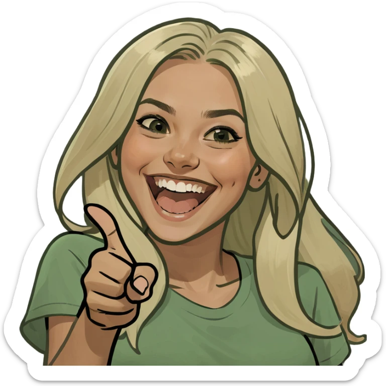 blonde tan girl with long hair brown eyes laughing and pointing straight  sticker