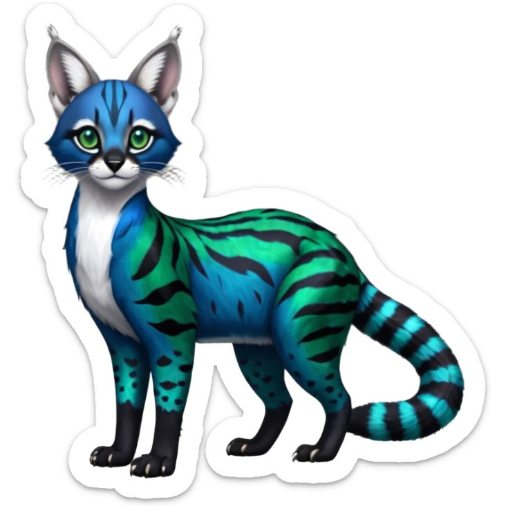 Colorful dark tropical cobalt-blue, black, white fur, with green eyes, iridescent glorious divine exotic cute cool beautiful shiny beautiful fantasy-caracal-civet-genet-sergal-vernid-Cacomistle-oncilla-animal-Fakémon-hybrid-fursona with pattern markings (full body) sticker