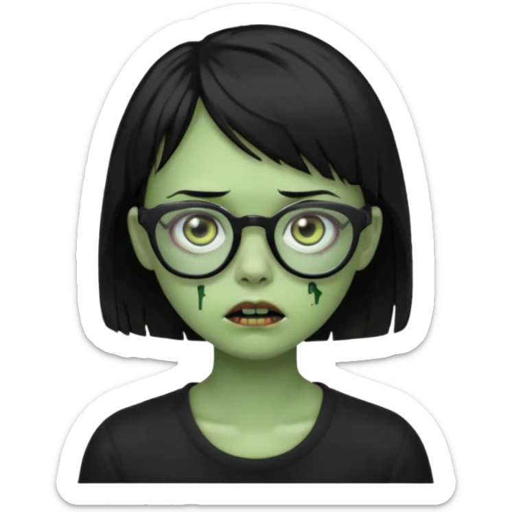 Green zombie girl with black short hair and side bangs in glasses sticker